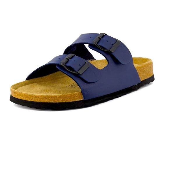Cushionaire LANE Blue Nappa Leather Suede Pad Double Strap Slide Sandal - Picture 2 of 16